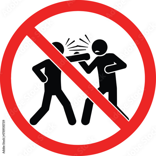 No fighting sign prohibition of violence black glyph icon in a red circle isolated on white background