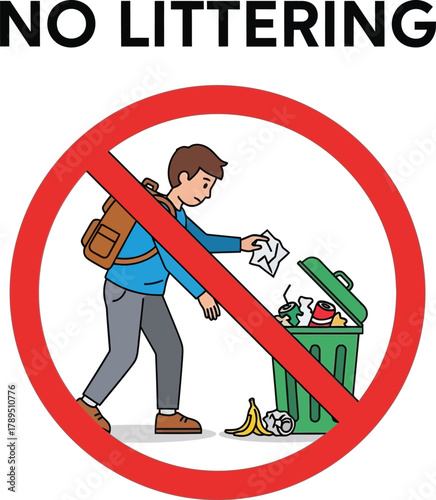 No littering sign with a man throwing trash into a bin vector illustration for environmental awareness and cleanliness campaigns isolated on white background