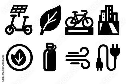 Sustainable Commuting Icons. Sustainable Commuting silhouette icon set: solar-powered scooter, green leaf, cycle lane, city skyline, eco badge, reusable bottle, wind icon, charging