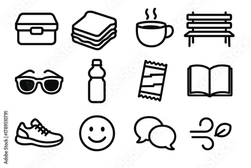 Afternoon Picnic Icons. Afternoon moments linear icon set: lunchbox, sandwich, tea cup, park bench, sunglasses, water bottle, snack, book, walking shoes, smile icon, friend chat,