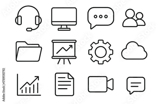 Online Collaboration Icons. Online teamwork linear icon set: headset, monitor, chat bubble, folder, whiteboard, gear, group icon, graph, message bubble, document, video camera,