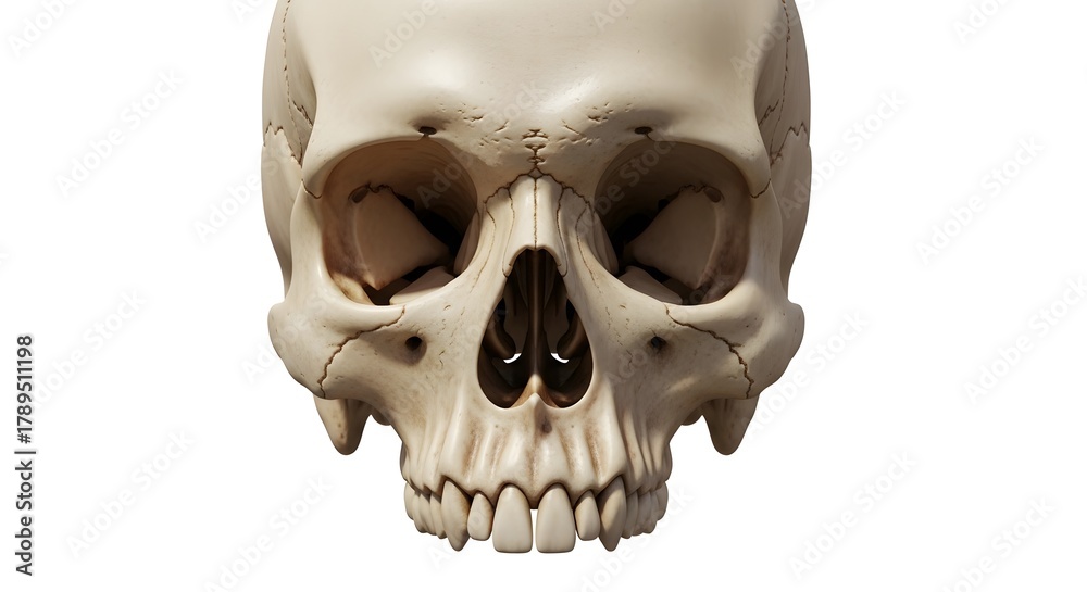 Obraz premium Close up front view of a human skull isolated on a white background with detailed bone structure