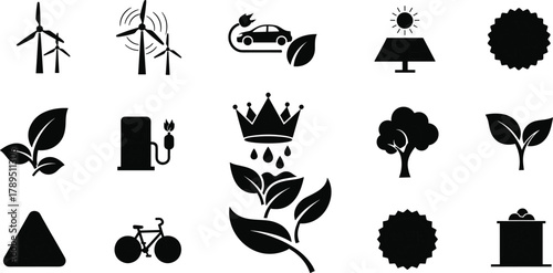Eco, green, sustainability, energy, environment, nature, recycle, solar, wind, electric, car, leaf, tree, bicycle, icon, silhouette, renewable, power, clean, conservation