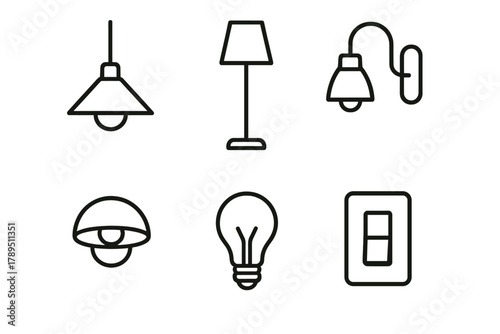 Outline Light Icons. Design Elements linear icon set: pendant light, floor lamp, wall sconce, recessed light, bulb, switch.