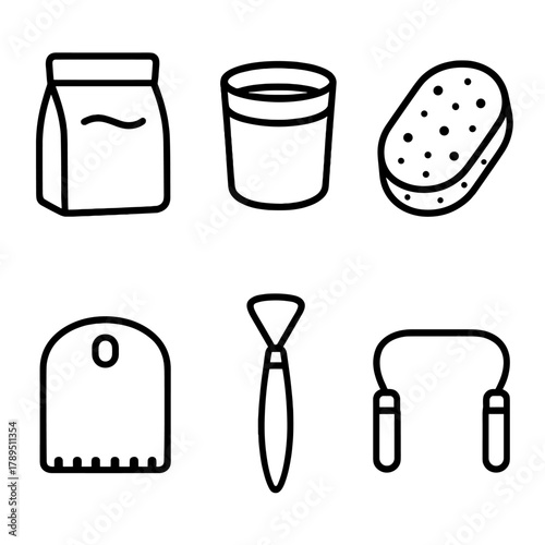 Ceramics Tools Icons. Material Essentials linear icon set: clay bag, slip container, sponge, scraper, loop tool, wire frame.