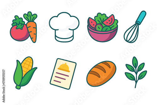 Farm-to-Table Icons. Farm-to-Table Recipes modern flat icons set: fresh ingredients, chef hat, salad bowl, whisk, corn, recipe card, loaf of bread, garden herbs.