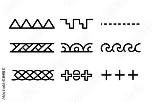 Stylized Decorative Borders. Decorative Borders linear icon set: repeating triangles, stepped edges, dotted lines, woven band, curved pattern, cross shapes.