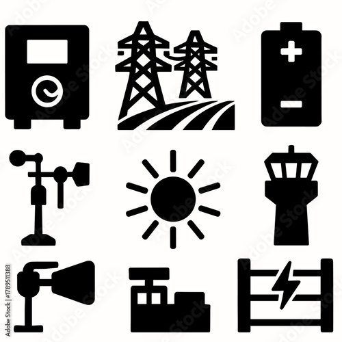 Energy Icon Set. Energy Efficient Fields silhouette icon set: solar inverter, power grid, crop rows, battery cell, weather station, sun rays, control tower, electric fence.