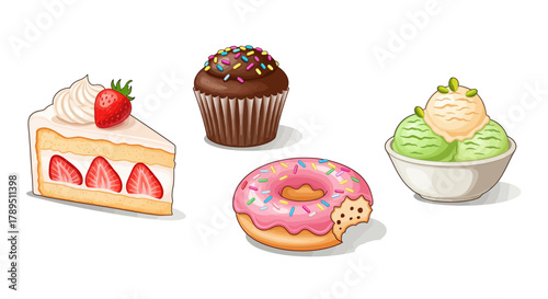 A colorful illustration featuring a slice of cake, a cupcake, a donut, and a bowl of ice cream.