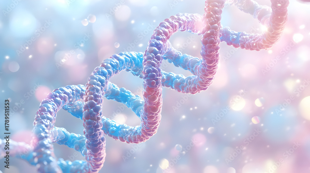 Naklejka premium 3D Render of a Glowing DNA Double Helix in a Pastel Pink and Blue Background