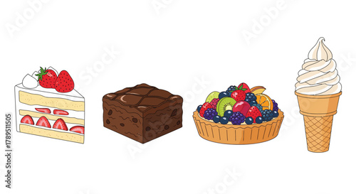 An illustration featuring a variety of delicious desserts including strawberry shortcake, a chocolate brownie, a fruit tart, and a soft-serve ice cream cone.