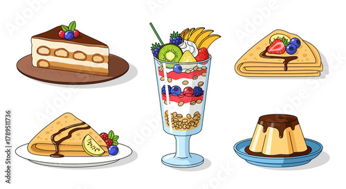 A delightful assortment of sweet desserts including cake, crepes, parfait, and pudding, beautifully presented.