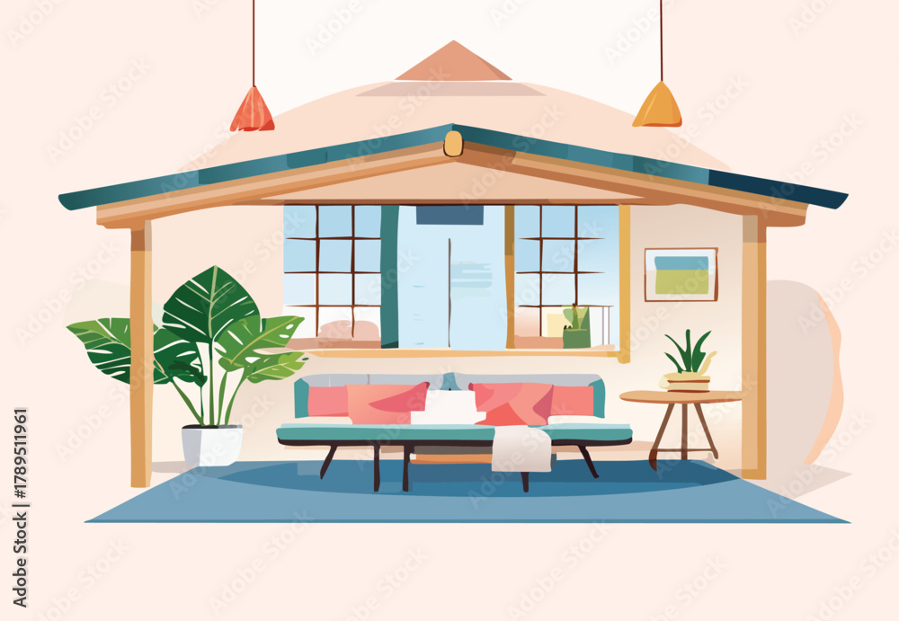 Fototapeta premium Serene living room interior with cozy sofa, plants, and natural light, perfect for lifestyle, home decor, and relaxation concepts from a vector design