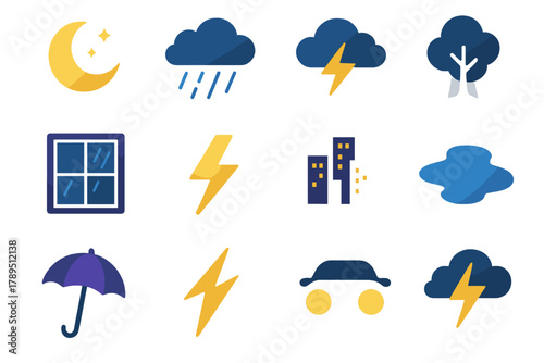 Isometric Night Thunderstorm Icons. Night thunderstorms modern flat icons set: moon, cloud, rain, lightning, silhouette tree, window, flash, city skyline, puddle, umbrella, thunder
