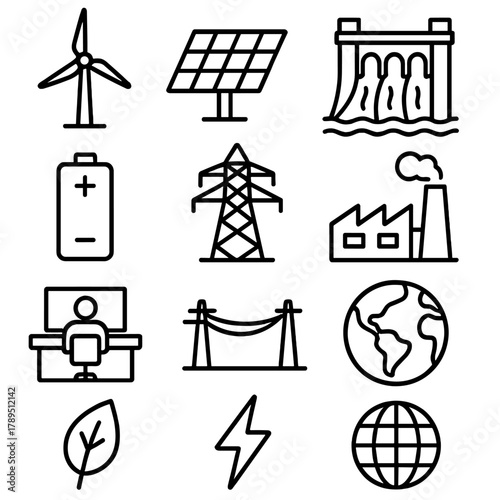 Renewable Energy Icons. Renewable infrastructure linear icon set: wind turbine, solar panel, hydro dam, battery storage, power grid, electric tower, factory, control center, energy