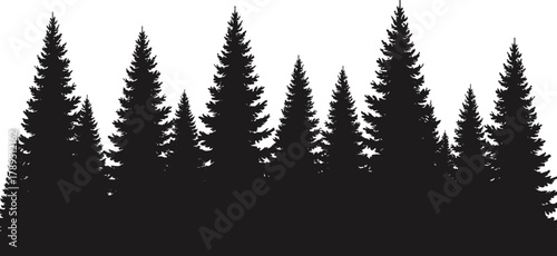 Forest silhouette illustration, conifer tree shapes, pine woodland graphic, nature clipart, evergreen landscape, black tree icons, botanical design element