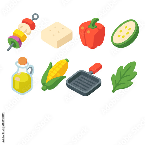 Vegetarian Grilling Icons. Vegetarian Grilling modern flat icons set: veggie skewer, tofu slice, bell pepper, zucchini, corn on cob, olive oil bottle, grill pan, leafy garnish.