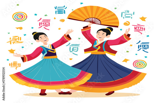 Festive Korean dancers in vibrant traditional Hanbok costumes joyfully celebrating culture with symbolic fan dance and calligraphy elements, vector origin