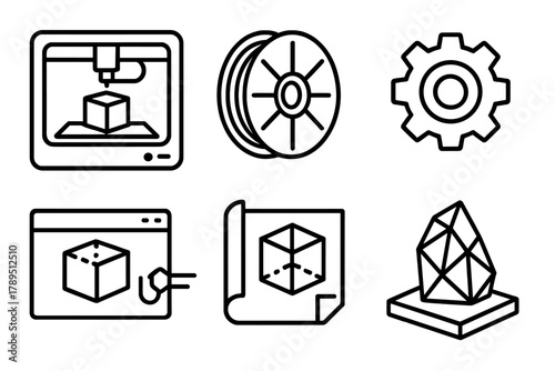 3D Printing Icons. Innovative Manufacturing linear icon set: 3D printer, filament spool, gear, digital model, blueprint, nozzle, layer stack, printed prototype.