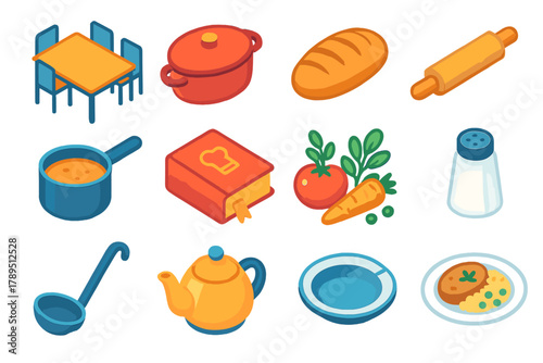 Isometric Kitchen Icons. Family Kitchen modern flat icons set: dinner table, casserole dish, bread loaf, rolling pin, saucepan, recipe book, vegetables, herbs, salt shaker, ladle,