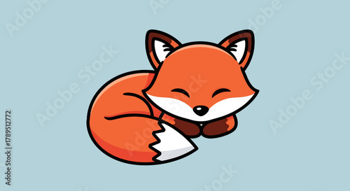 A cute, stylized illustration of a sleeping fox curled up on a light blue background.