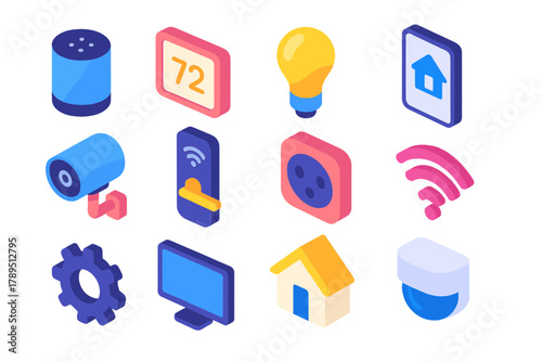 Smart Home Icons. Connected Living modern flat icons set: smart speaker, thermostat, light bulb, smartphone, security camera, door lock, plug, wifi symbol, gear, screen, house,