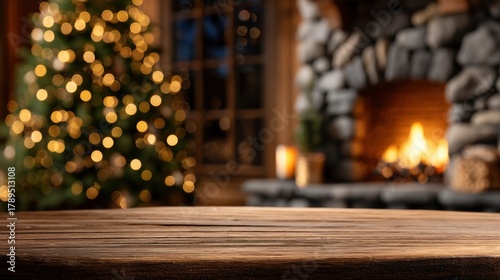 Rustic Wooden Table with Festive Christmas Fireplace Background