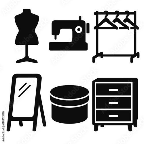 Wardrobe Icon Collection. Wardrobe Display silhouette icon set: mannequin, sewing machine, hanger rack, mirror, hat box, dresser.