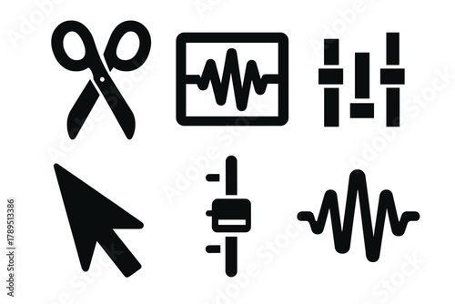 Bold Audio Editing Icons. Audio Editing silhouette icon set: scissors, waveform clip, equalizer, cursor tool, volume fader, sound wave.