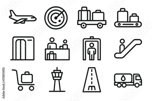 Airport Operations Icons. Airport Operations linear icon set: airplane, radar, baggage cart, conveyor belt, gate door, check-in counter, security scanner, escalator, trolley,