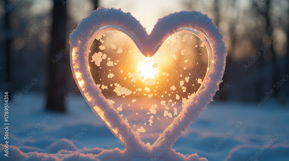 Fototapeta premium Theme Valentine, Heart shape carved into frosty glass, warm light behind