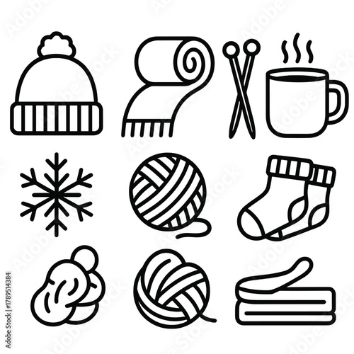 Winter Knitting Icons. Winter Knitting Essentials linear icon set: beanie, scarf roll, chunky yarn, wooden needles, hot cocoa mug, snowflake, wool ball, folded socks.