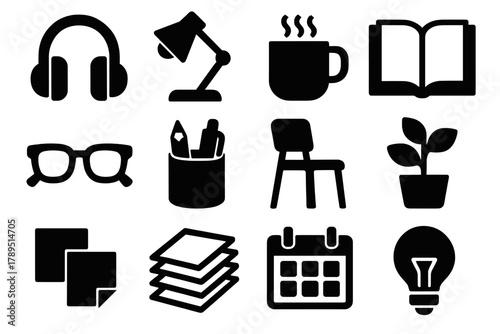 Brutalist Study Icons. Quiet study environment silhouette icon set: headphones, desk lamp, steaming cup, open notebook, glasses, pen case, chair, plant, light bulb, sticky notes,