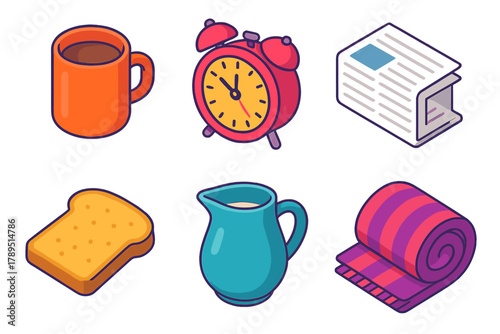 Morning Essentials Icons. Morning Ritual modern flat icons set: mug, alarm clock, newspaper, toast, milk jug, cozy blanket.