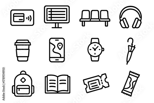 Urban Commute Essentials. Commuter essentials linear icon set: transport card, schedule board, waiting bench, headphones, coffee cup, smartphone app, watch, umbrella, backpack,