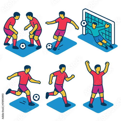 Soccer Action Icons. Game Action modern flat icons set: face-off, passing ball, goalie save, shooting motion, running player, victory pose.