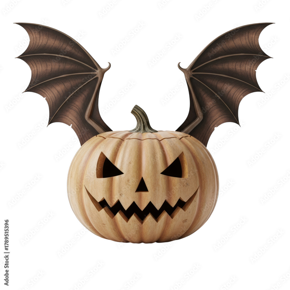 Fototapeta premium Jack O Lantern with Bat Wings isolated on a transparent background