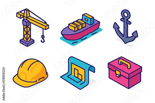 Isometric Installation Icons. Installation Process modern flat icons set: crane, barge, anchor, engineer helmet, blueprint, toolbox.