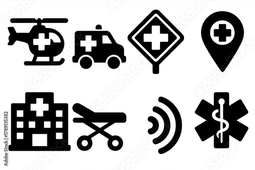 Medical Transport Icons. Medical Transport silhouette icon set: helicopter, rescue van, road sign, map pin, hospital building, gurney, signal waves, medical symbol.