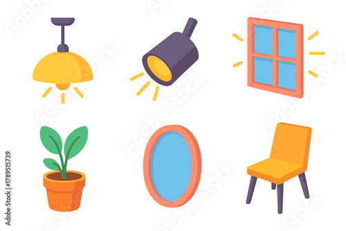 Modern Interior Icons. Modern Interiors modern flat icons set: ceiling fixture, spot light, window glow, mirror, plant, chair.