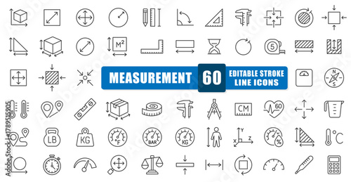 Measurement Line Icon Vector Set. A Collection Of 61 Thin Line Editable Stroke Icons Featuring Tools For Size, Distance, Weight, And Temperature. Perfect For Engineering, Architecture, Science.