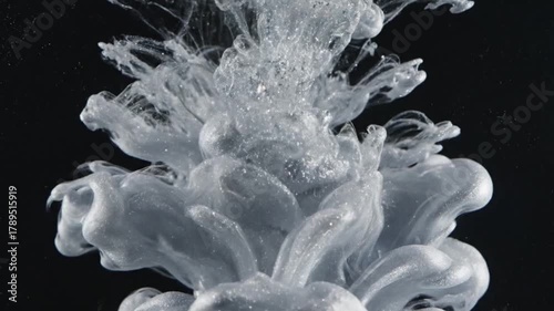 Dynamic slow motion macro shot of a silvery white ink explosion in dark water, creating a stunning abstract fluid motion display on a black background