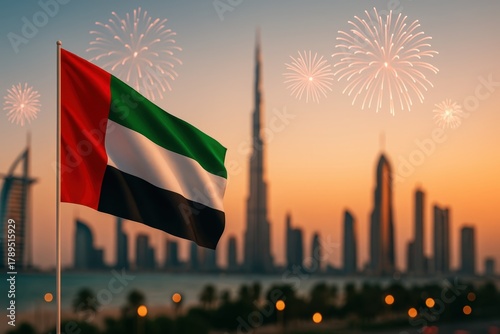 UAE national day poster with Flag Waving Proudly Over Dubai Skyline with Fireworks.
