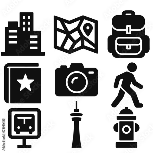 Brutalist Urban Icons. Urban Exploration silhouette icon set: skyline, street map, camera, backpack, guidebook, bus stop, city tower, walking figure.