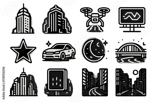 Neon Metropolis Skyline. Electric Metropolis linear icon set: skyscraper, neon glow, drone, digital ad, car, light trail, skyline, star, billboard, bridge, street, moon.