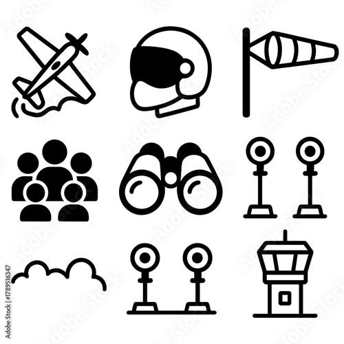 Stunt Plane Airshow. Airshow Adventure linear icon set: stunt plane, smoke trail, pilot helmet, wind sock, runway lights, crowd silhouettes, binoculars, airfield tower.