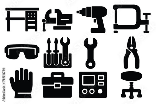 Bold Industrial Icons. Industrial Workstation silhouette icon set: workbench, vise, drill, clamp, safety glasses, tool rack, wrench, pliers, glove, toolbox, control panel, stool. ,