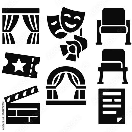 Theater Icon Set. Theater Stage silhouette icon set: curtain, mask, spotlight, chair, ticket, stage arch, clapperboard, program.