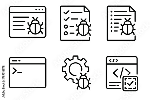 Debugging Tools Icons. Software Debugging linear icon set: application window, test report, issue tracker, console output, fix gear, code patch.