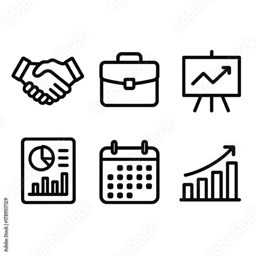 Business Icons Collection. Business client relations linear icon set: handshake, briefcase, chart board, document chart, calendar, bar graph.